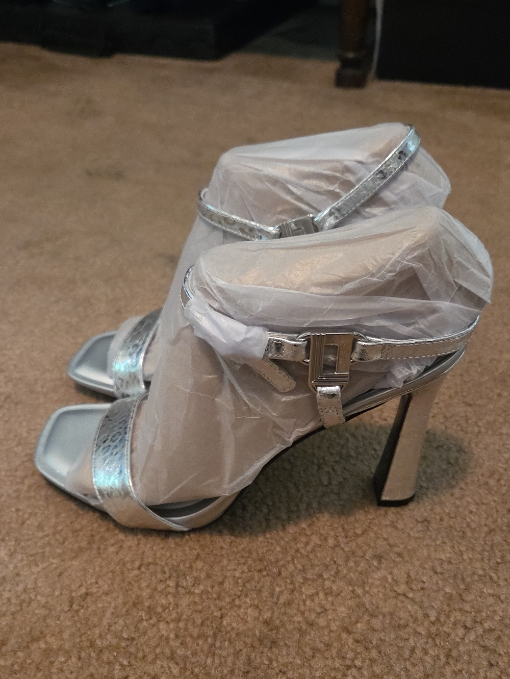 Metallic Silver Block Heel Ankle-Strap Sandals - Women's Dress Heels